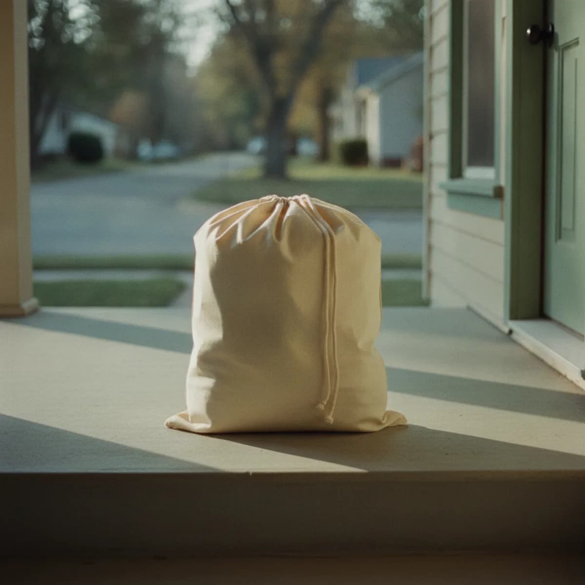 A full canvas laundry bag waiting on a front porch step in morning light