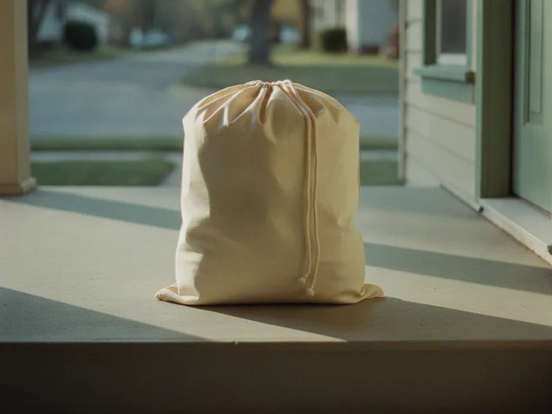 A canvas laundry bag waiting on a front porch step